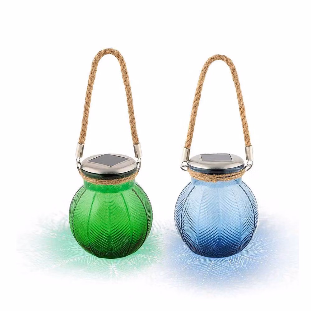 Voltico 2 Pack Mini Solar Glass Lanterns in Blue and Green Outdoor Lights – 2