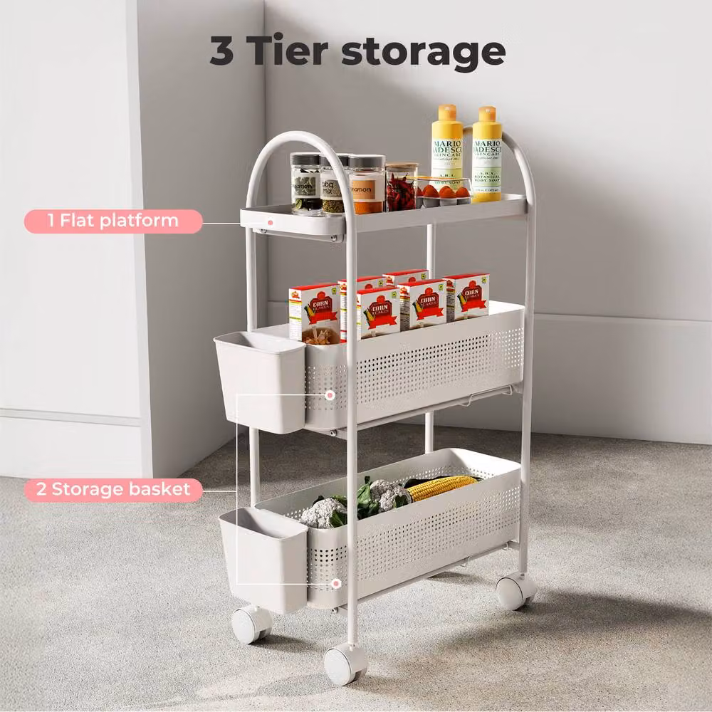 Levede 3 Tier Narrow Trolley Cart with Hanging Storage Basket in White – 3