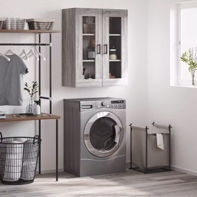 Berkfield Home Wall Mounted Cabinet in Grey Sonoma with Glass Doors, W/D/H: 69.5 x 34 x 90 cm
