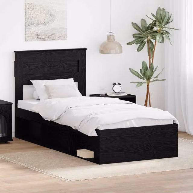 Berkfield Home Modern Bed Frame with Headboard in Black, W/D/H: 100 x 200 cm, Solid Pine and Engineered Wood