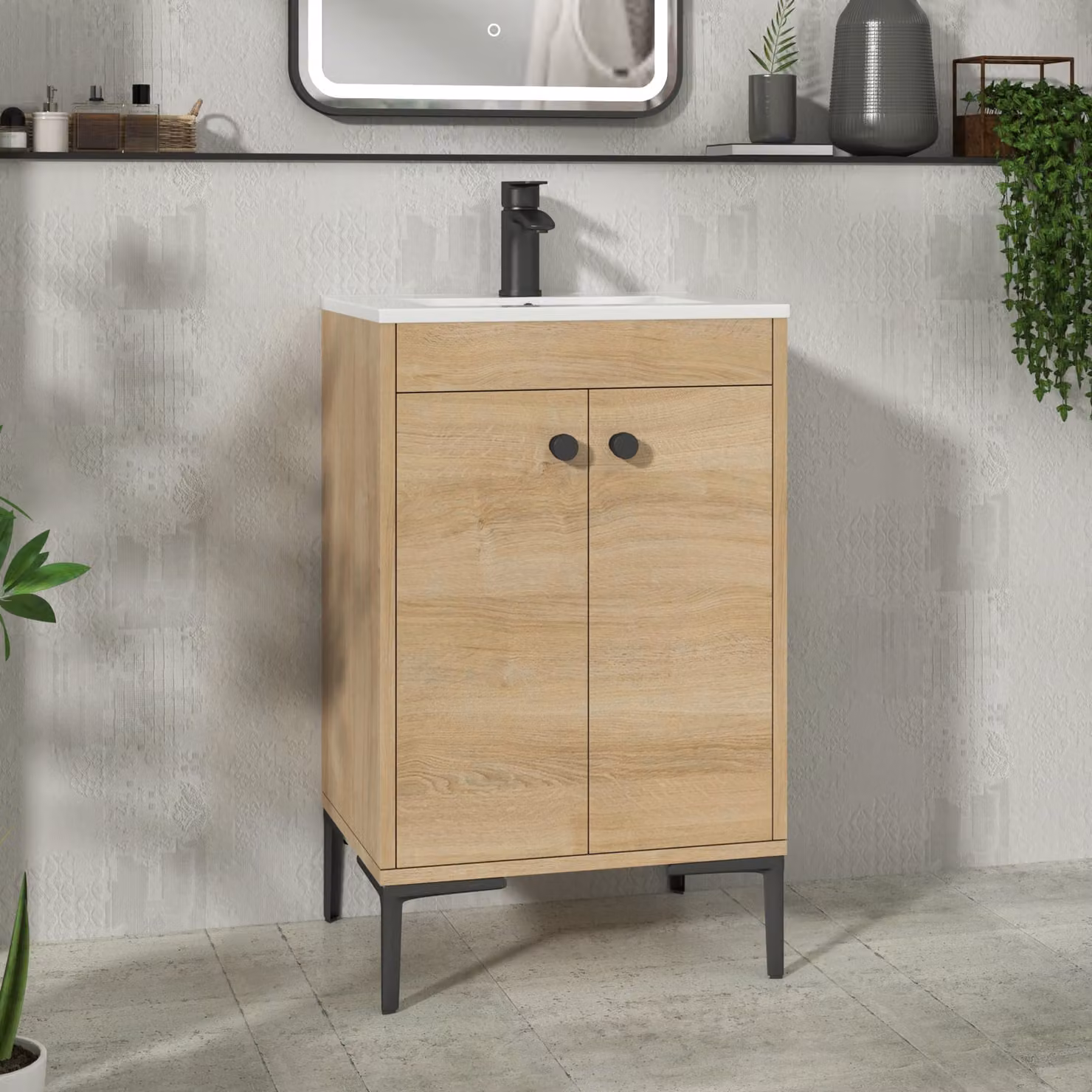 Royal Bathrooms Verona 500mm Natural Oak Floor Standing 2 Door Vanity Unit with Minimalist Basin and Matt Black Knob