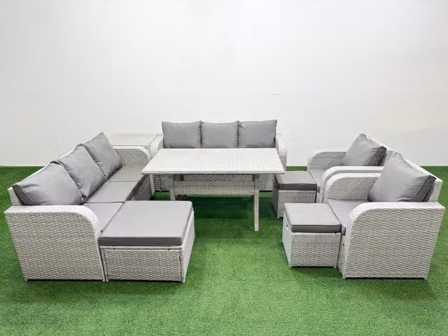 Fimous PE Rattan High Back Lounge Sofa and Rectangular Dining Set in Light Grey with 3 Seater Sofa, Reclining Chair, 3 Stools and Side Table