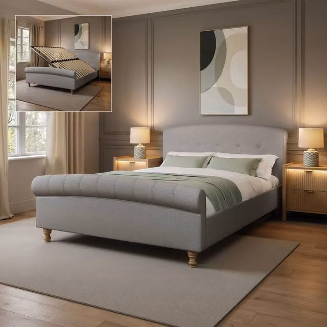X Rocker Camille Upholstered Shadow Ottoman Double Sleigh Bed in Grey, 140 x 200 cm – 1