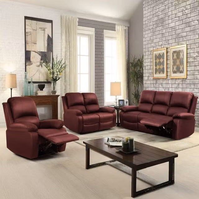 Comfy Living Red Bonded Leather Reclining Sofa Set with 3 Seater, 2 Seater and Armchair