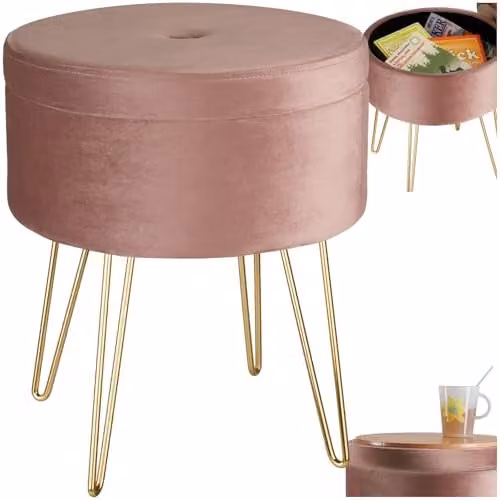 tectake Ava Round Velvet Stool with Storage Compartment in Pink and Gold, W/D/H: 37.5 x 44.5 x 37.5 cm