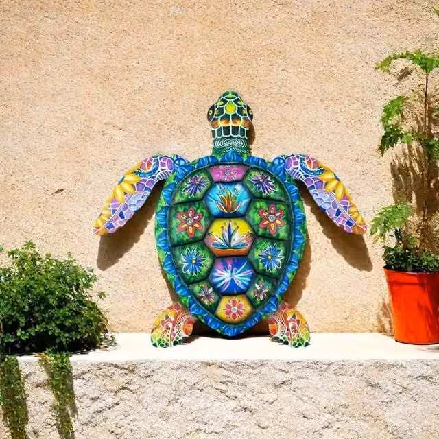 Quipulse Multicolour Ocean-themed Sea Turtle Metal and Ceramic Wall Hanging