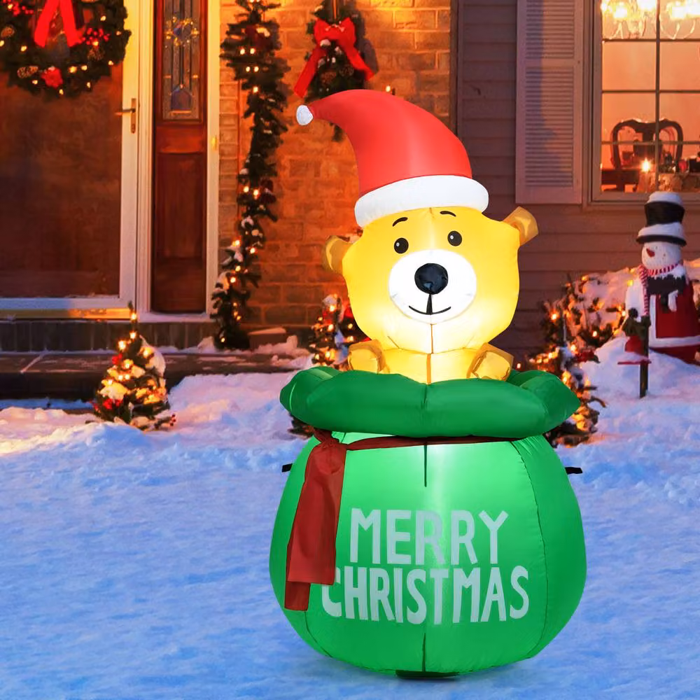 Gymax 150 cm Inflatable Green Christmas Bear Decoration with Multicolour LED Lights – 2