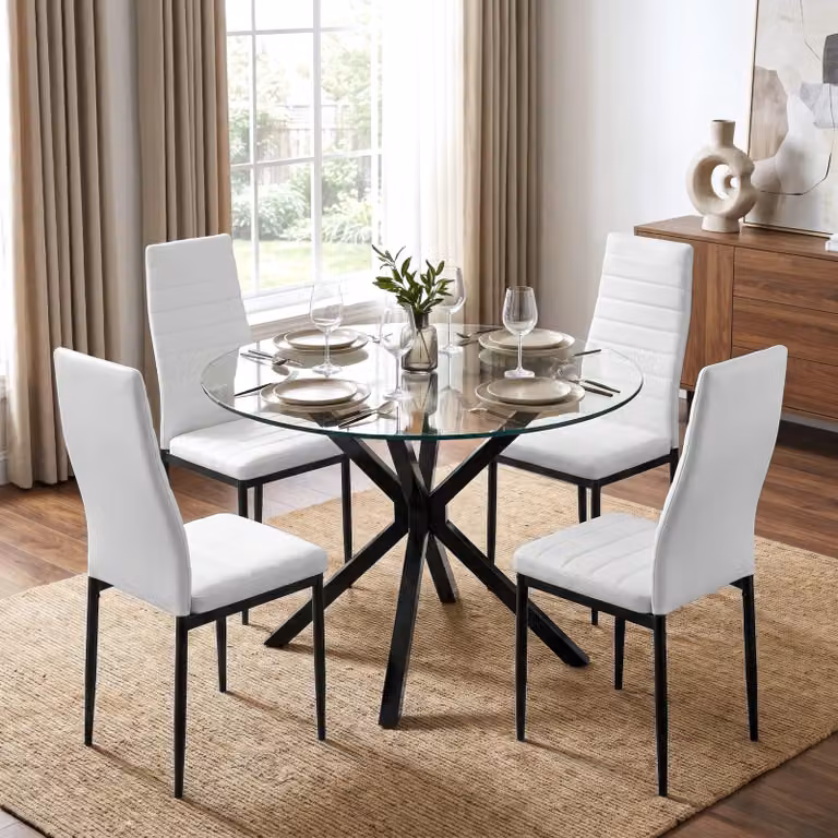 Skyra Round Glass Dining Table and 4 White Chairs Set with X-Frame Design