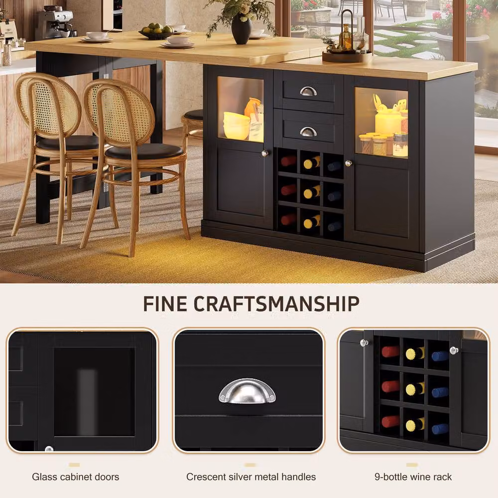 Merax Extendable Kitchen Island with Swivel Breakfast Bar and Wine Storage in Black, W: 120 cm, H: 73.5 cm – 4