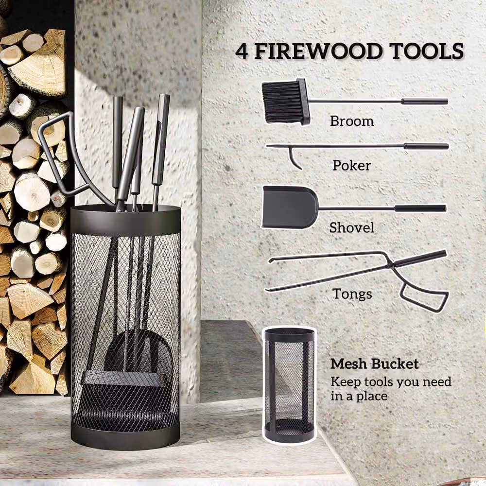 OUTSUNNY 5-Piece Fireplace Tools Set with Basket in Black – 4
