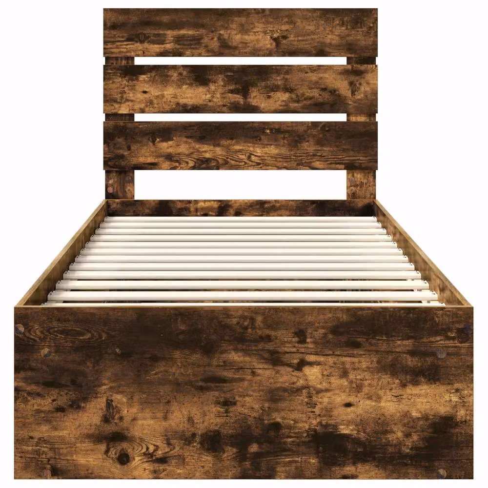 Berkfield Home Modern Bed Frame with Headboard in Smoked Oak and Brown Solid Pine Wood, W/D/H: 90 x 200 cm – 3