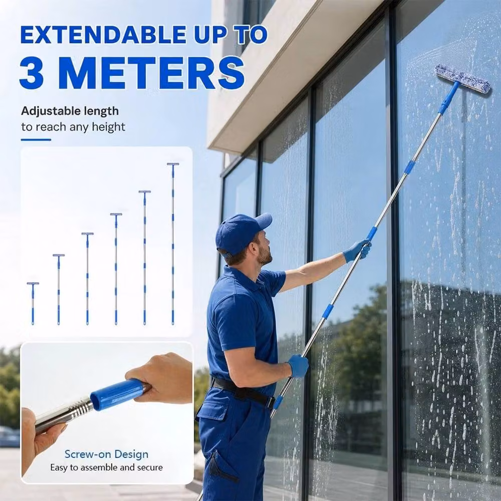 Kelvenix Blue Glass Cleaning Squeegee Set with Refillable Head and Microfibre Material – 3