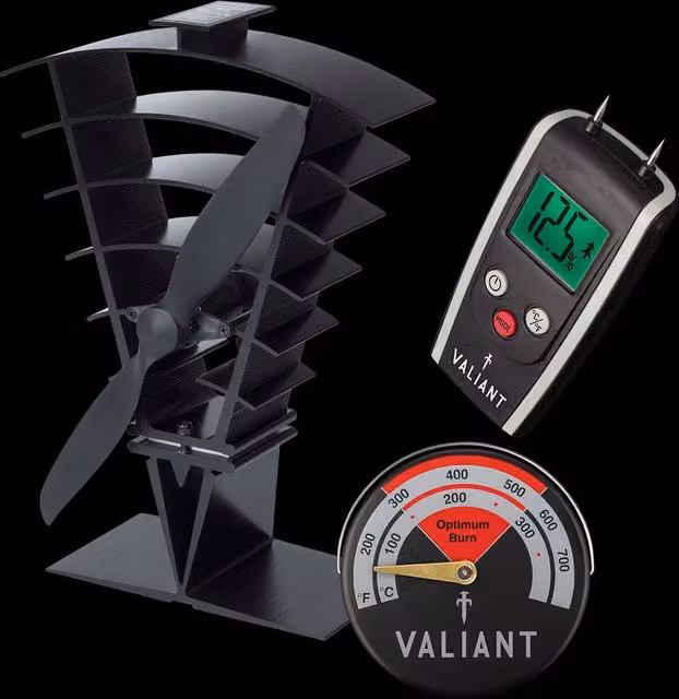 Vaillant Vanquish Stove Fan in Red and Black with Magnetic Thermometer and Moisture Meter