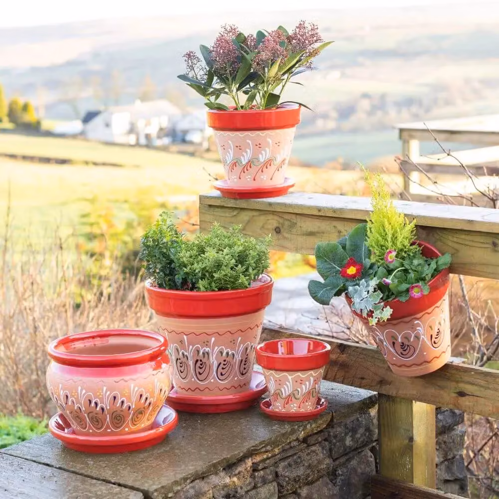 Verano Spanish Ceramics Inca Hand Painted Red Ceramic Plant Pots and Drainage Plates, Set of 3, W/D/H: 16 x 14 x 23 cm, 23 x 22 x 29 cm, 29 x 27 x 29 cm – 2