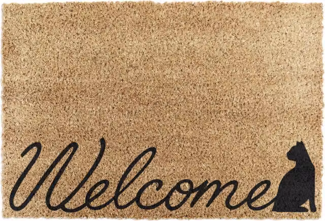 Artsy Mats Welcome Cat Doormat in Brown with Non-Slip Coir and Rubber Base