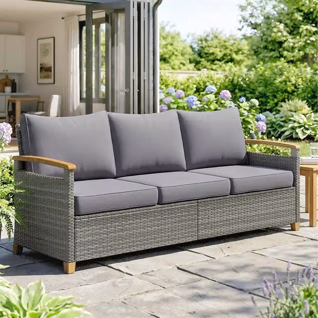 Outsunny Rattan Garden Sofa with Upholstered Cushions in Grey