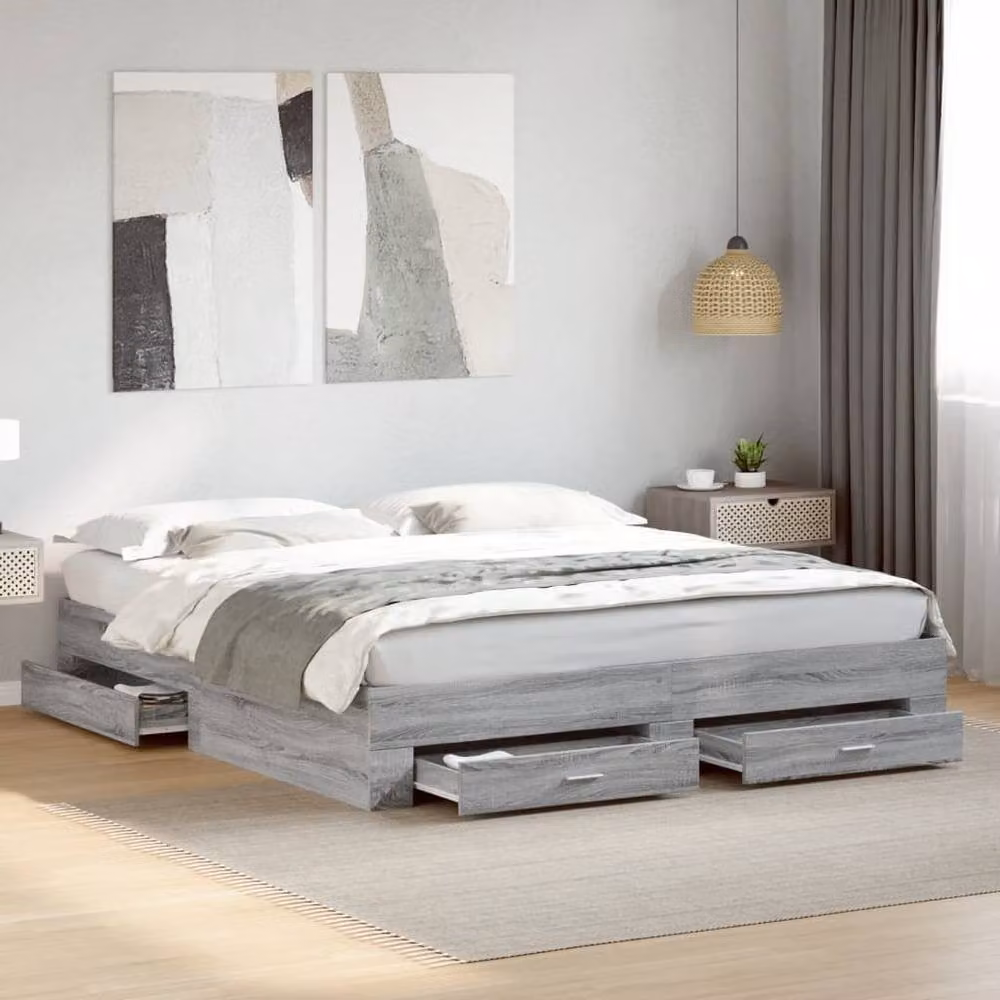 Berkfield Home Modern Bed Frame with Drawers in Grey Sonoma, W/D/H: 200 x 200 x 32 cm – 2