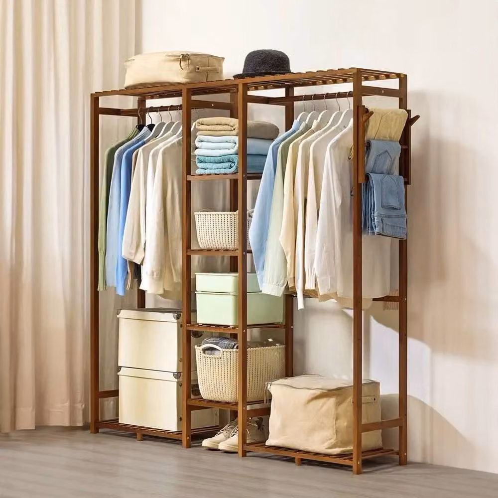 KORVIXA Teak Brown Open Wardrobe with Slatted Shelving and Clothes Rail, Width: 100 cm, Height: 146.5 cm – 4