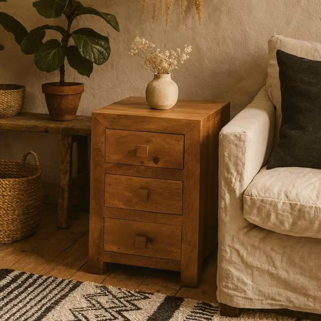 Wyld Haus Manila Manila 3 Drawer Bedside Table in Brown Mango Wood W/D/H: 40 x 42 x 62 cm – 1