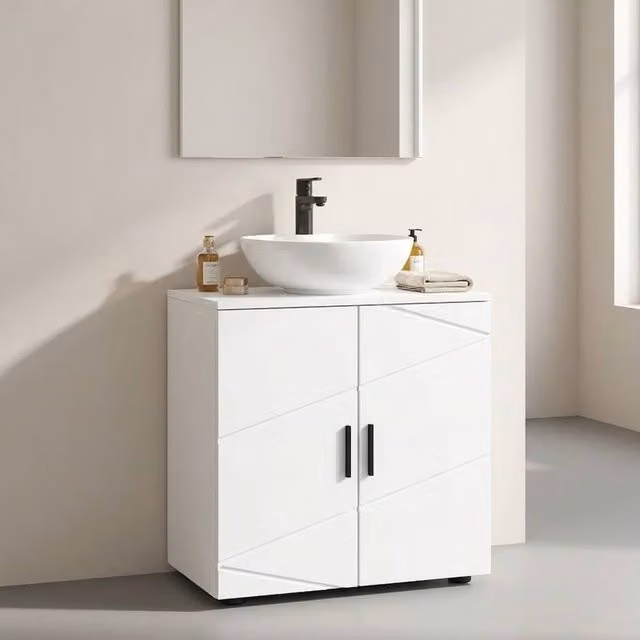 STILVORA White Under Sink Bathroom Cabinet with Soft Close Hinged Doors and Internal Shelves