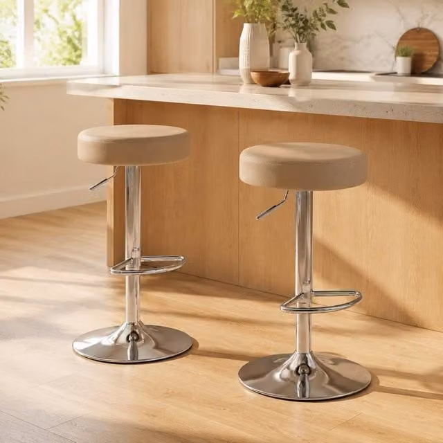 STILVORA Set of 2 Brown and Beige Height Adjustable Swivel Bar Stools with Synthetic Leather Seats and Metal Frame – 1