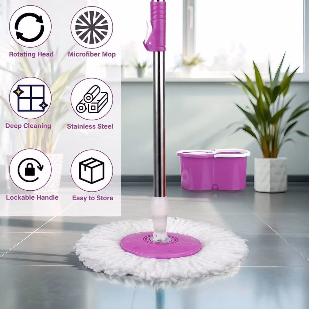 VOGREX Rotating Spin Mop Set with 2 Microfibre Heads in Purple – 5