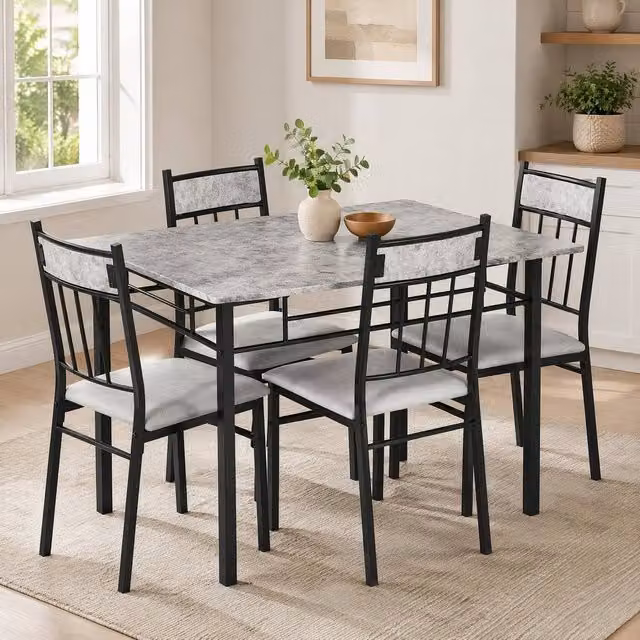 STILVORA Modern Rectangular Dining Table and Chairs Set with Metal and Wood Frame in Grey – 1