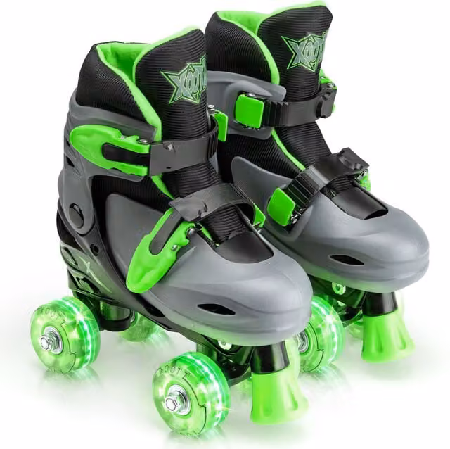 Xootz Kids LED Quad Roller Skates in Green with Height Adjustment and Brake – 1