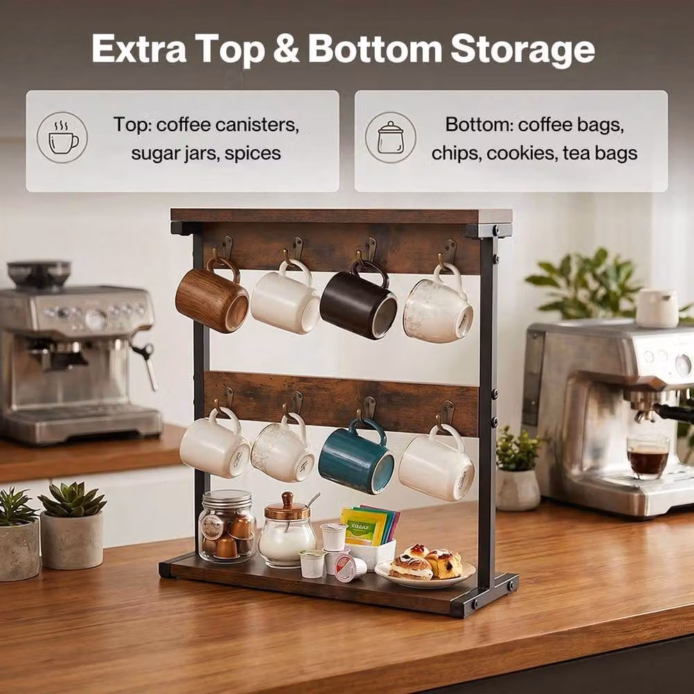 NESTLUNE Brown Wood Mug Holder Stand and Coffee Cup Rack Organiser – 5