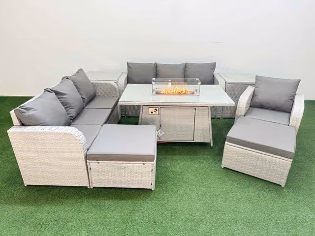 Fimous 9 Seater Poly Rattan Outdoor Garden Furniture Set with Firepit Dining Table, 3 Seater Sofa, 3 Reclining Chairs and 2 Footstools in Grey