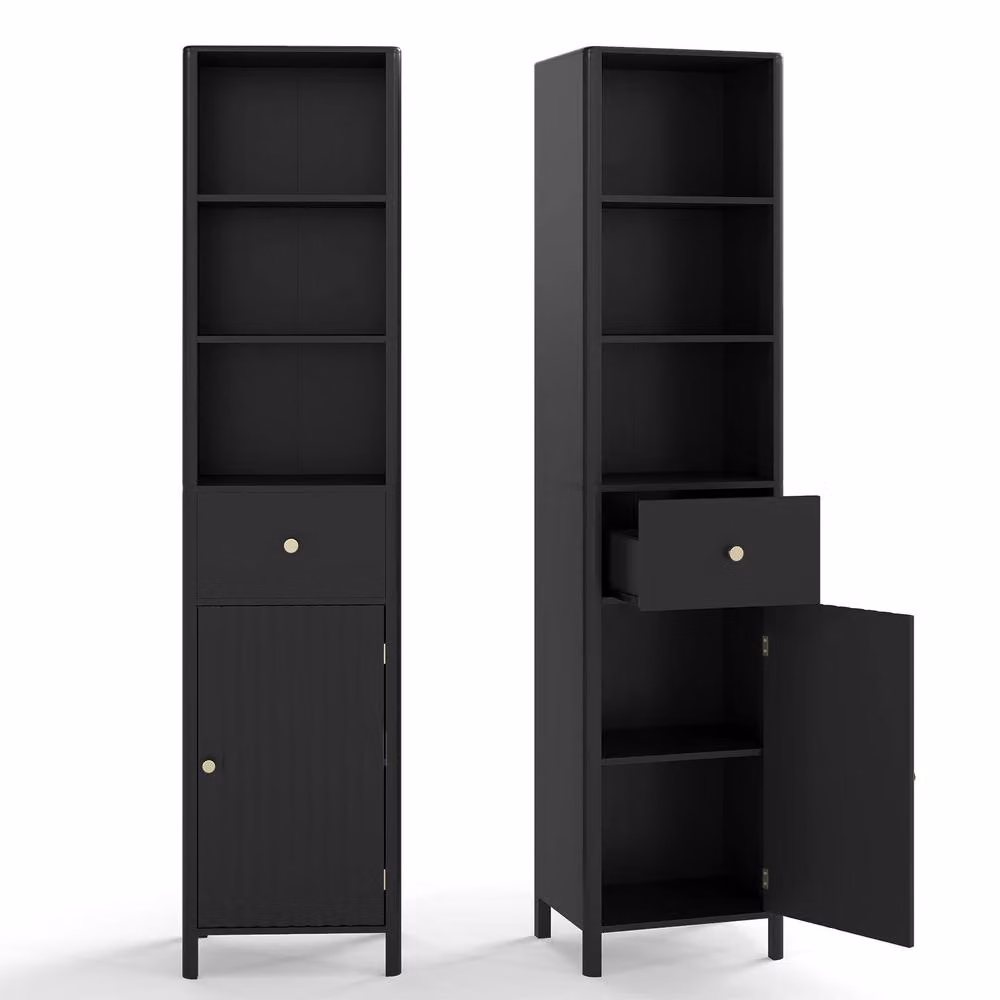 Costway Black Wooden Narrow Bathroom Floor Cabinet with Drawer and Shelves, Height: 170 cm, Width: 30 cm, Depth: 40 cm – 2