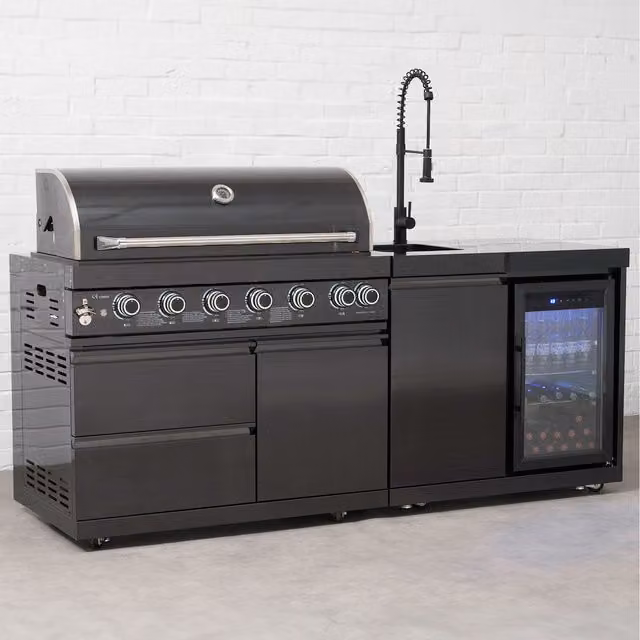 Draco Grills 6 Burner Gas BBQ Outdoor Kitchen in Black Stainless Steel with Granite Worktop, Sink and Fridge