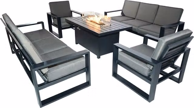 Furniture One Grey Aluminium Garden Sofa Set with Fire Pit Table, 2 Armchairs and 2x 3-Seat Sofas