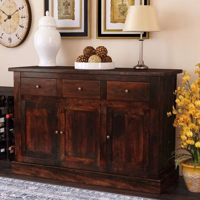 Maharani Classic Mango Wood Large Sideboard with 3 Doors and 3 Drawers in Brown