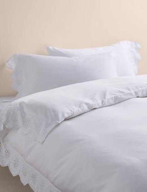 M&S Pure Cotton Broderie Scalloped Edge Bedding Set with Duvet Cover and Pillowcase, White, 140 x 200 cm