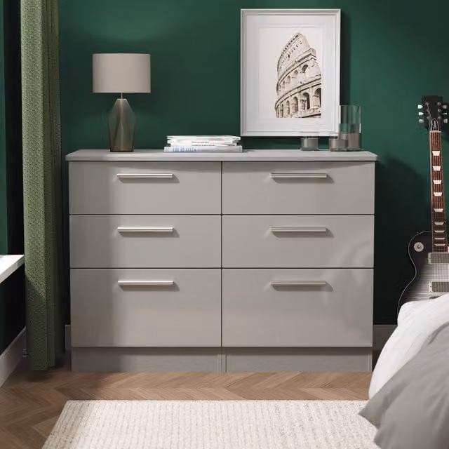 Knightsbridge Ready Assembled 6 Drawer Wide Chest in Grey Gloss and Dusk Grey