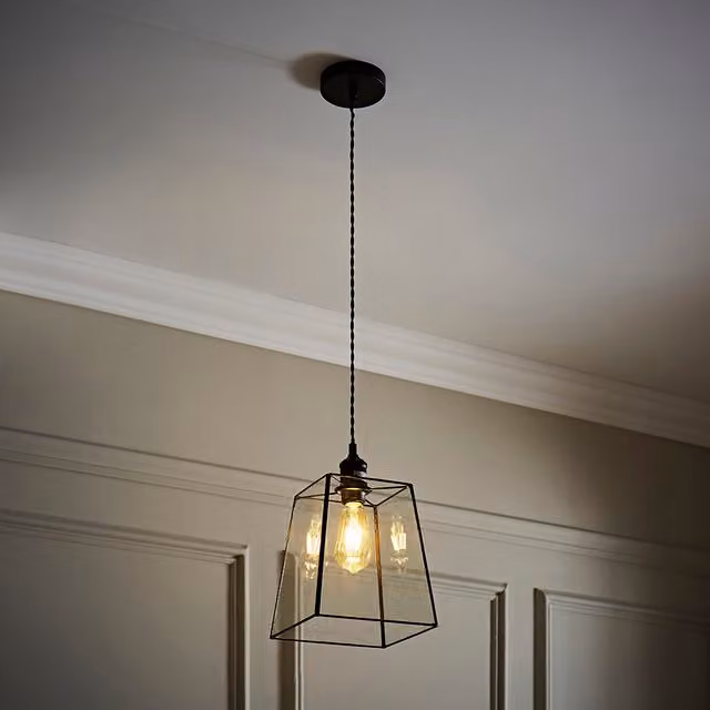 ValueLights Susie Industrial Square Glass Pendant Ceiling Light with E27 Socket Holder in Black