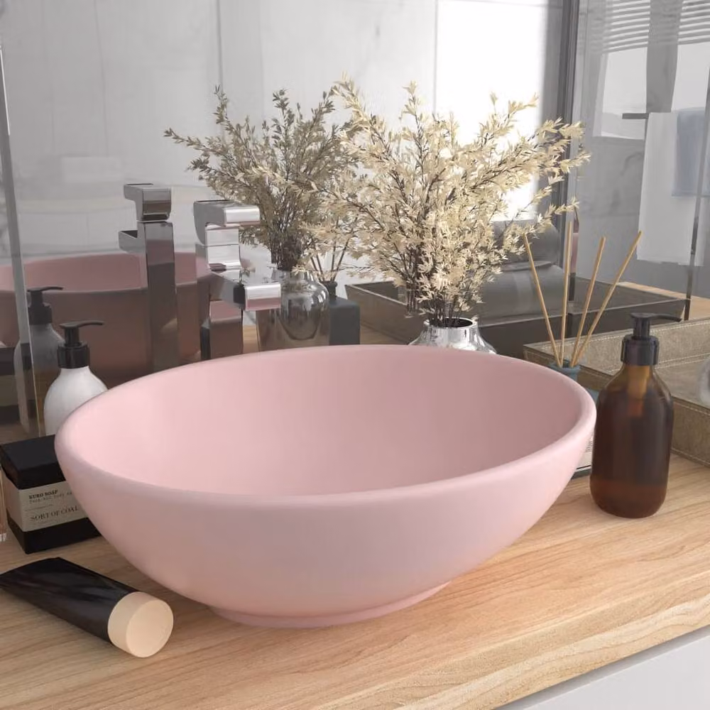 Berkfield Home Luxury Oval Ceramic Basin in Matt Pink, W: 40 cm, D: 33 cm – 2