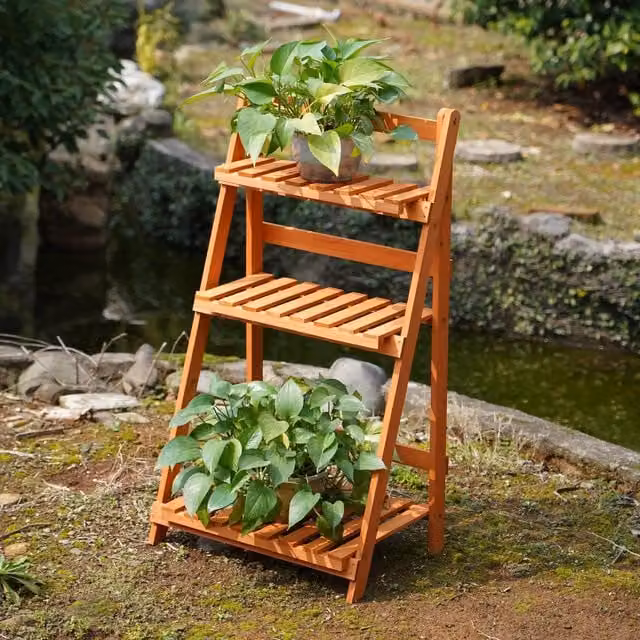 Actiasgear Brown Wooden Foldable Plant Pot Stand, H 91.5 x W 50.0 x D 35.5 cm