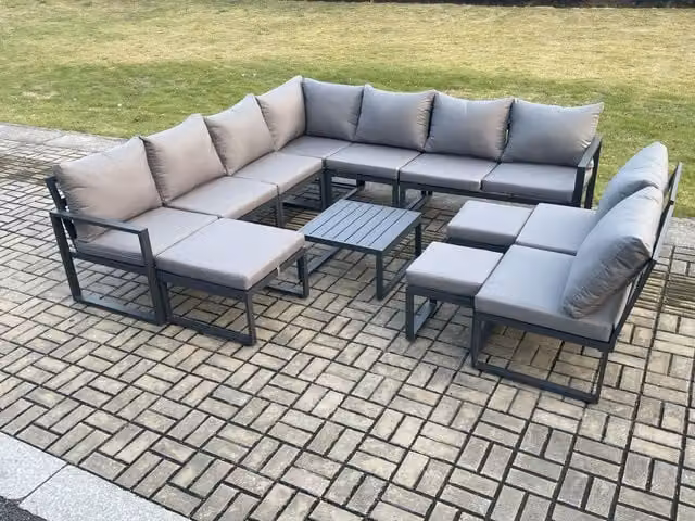 Fimous 12 Seater L-Shape Outdoor Garden Furniture Set in Dark Grey with Powder Coated Aluminium Frame, Square Coffee Table and 3 Matching Ottomans