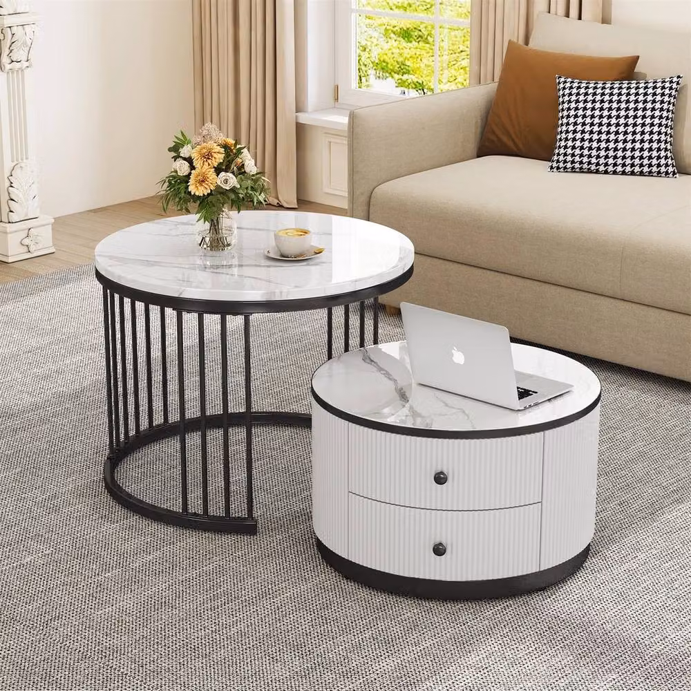 ERGOVEXA Set of 2 Round Marble Effect Nesting Tables in White – 5