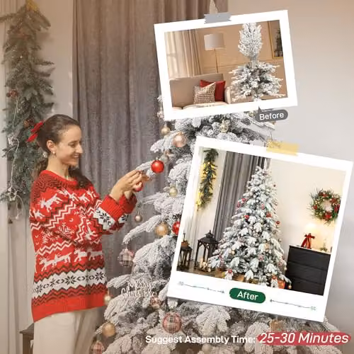 HOMCOM 4.7ft Snow Flocked Artificial Christmas Tree in Green and White – 7