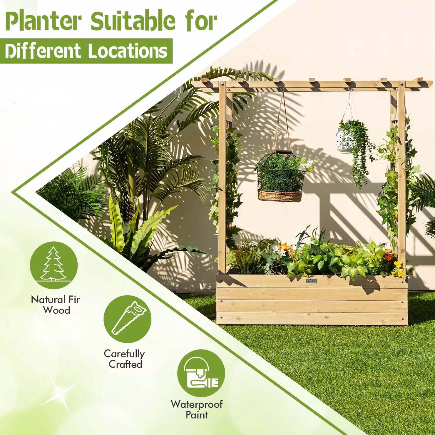 Costway Natural Wooden Raised Garden Bed and Vertical Plant Container for Climbing Plants, W: 44 cm, D: 44 cm, H: 113 cm – 4