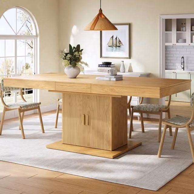 Merax Extendable Rectangular Dining Table with Fluted Storage Pedestal Base in Brown