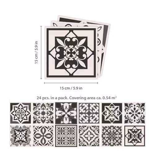WALPLUS 24 Pcs Mediterranean Dark Grey Geometric Tile Stickers, Self-Adhesive Peel and Stick Vinyl Wall Decals, 15 cm x 15 cm – 3