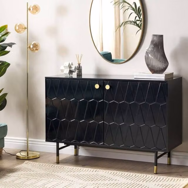 Wyld and Coco Matte Black Two-Door Wall-Mounted Sideboard with Gold-Coloured Legs, W: 120 cm, H: 82 cm, D: 2 cm