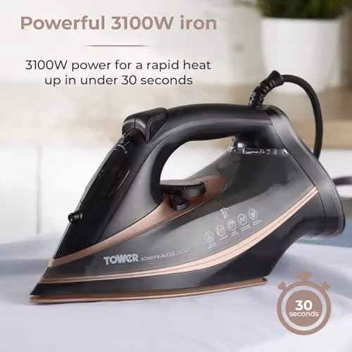 Tower Steam Iron with Ceramic Non-Stick Soleplate, Vertical Steam and Anti-Calc System, Black and Gold – 3