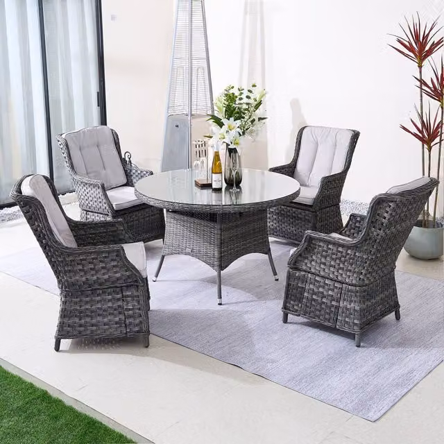 Direct Wicker 5-Piece Outdoor Rattan Dining Set with Grey Aluminum Round Table for 4 Adults – 1