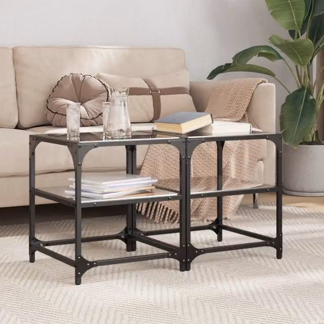 Berkfield Home Set of 2 Black Glass Top Coffee Tables with Steel Frame, W/D/H: 40 x 40 x 45 cm – 1