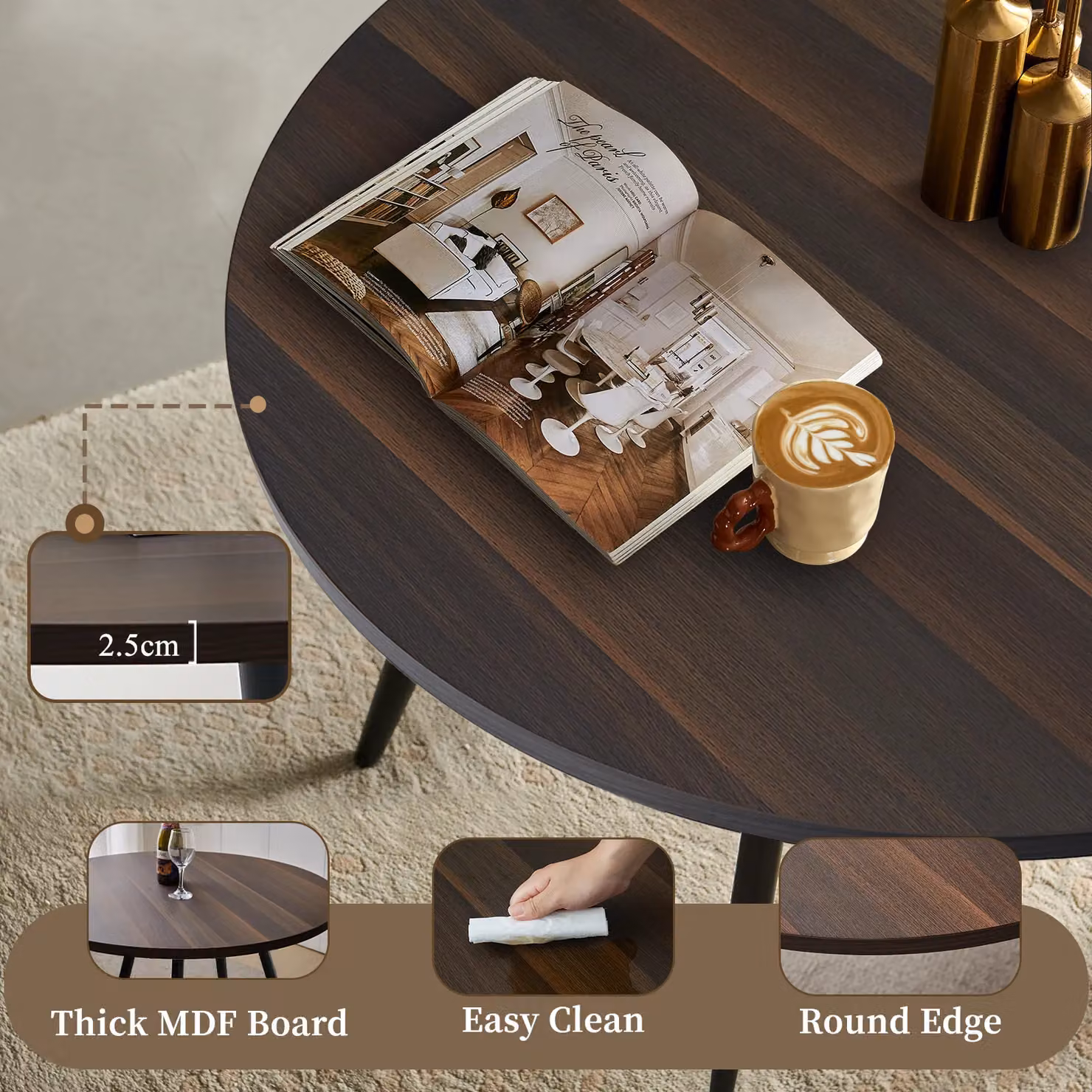 SONARA Round Dining Table with Walnut Wood Top and Metal Legs, Brown, Diameter: 100 cm, Height: 75 cm – 4